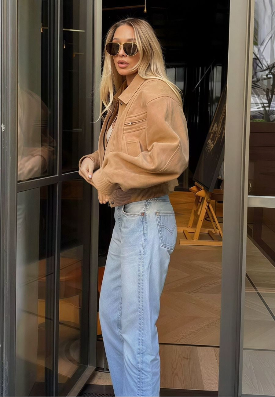 Blouson effet suédine chameau