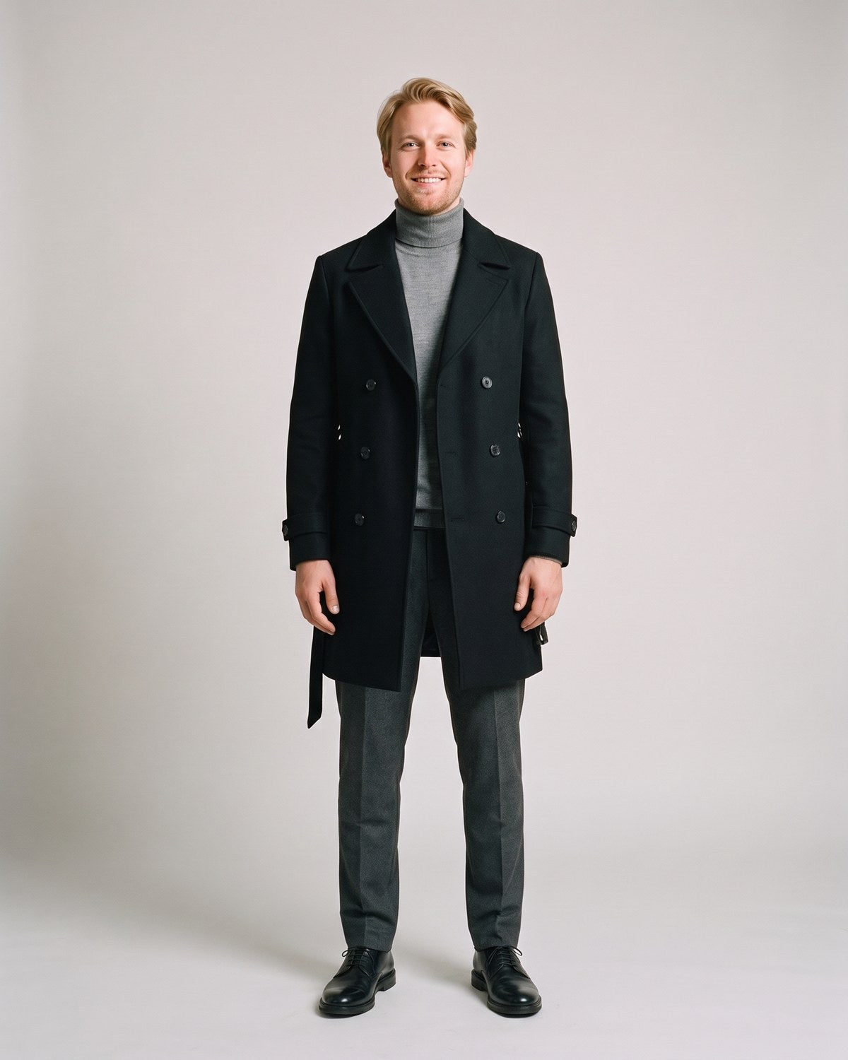 Trench laine noir homme long croisé - face
