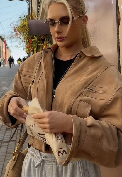 Blouson effet suédine chameau