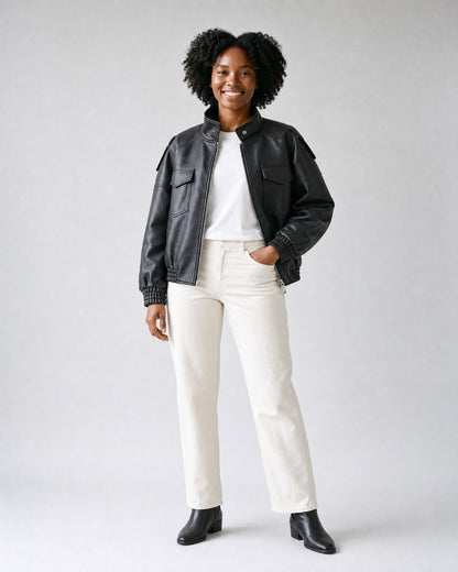 Blouson cuir noir oversize femme - face