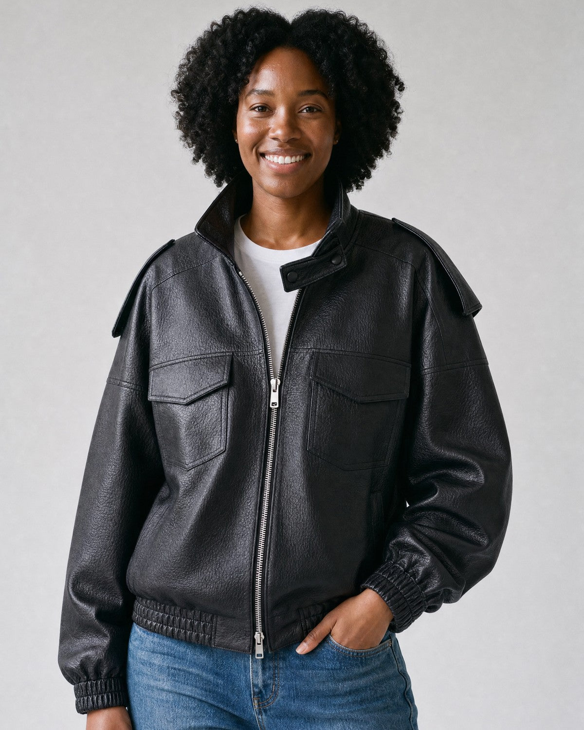 Blouson cuir noir - 3/4 zip central