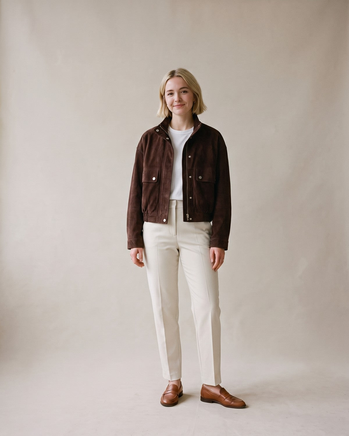 Blouson daim marron chocolat femme - face
