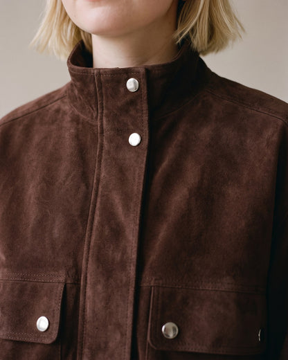 Blouson daim marron chocolat femme - détail matière
