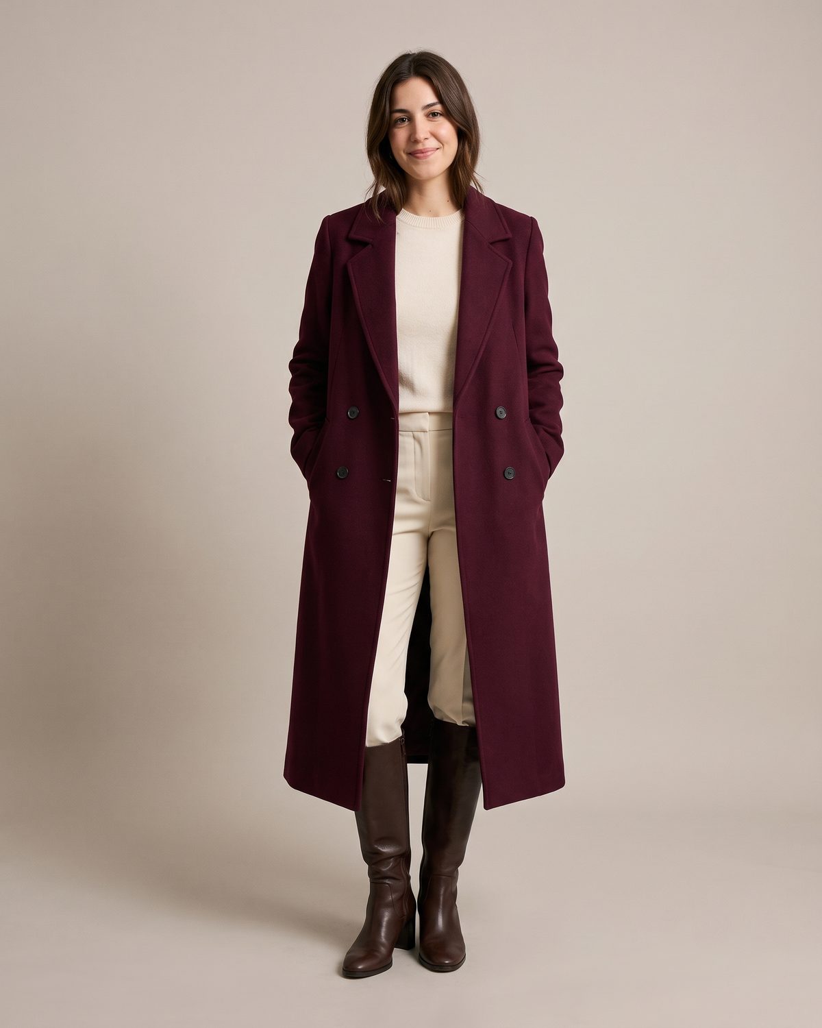 Manteau long bordeaux femme