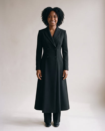 Manteau long noir cintré femme — Face