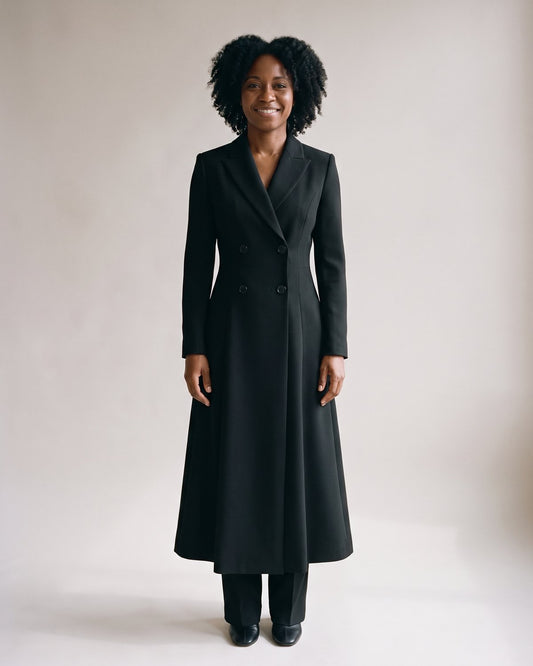 Manteau long noir cintré femme — Face