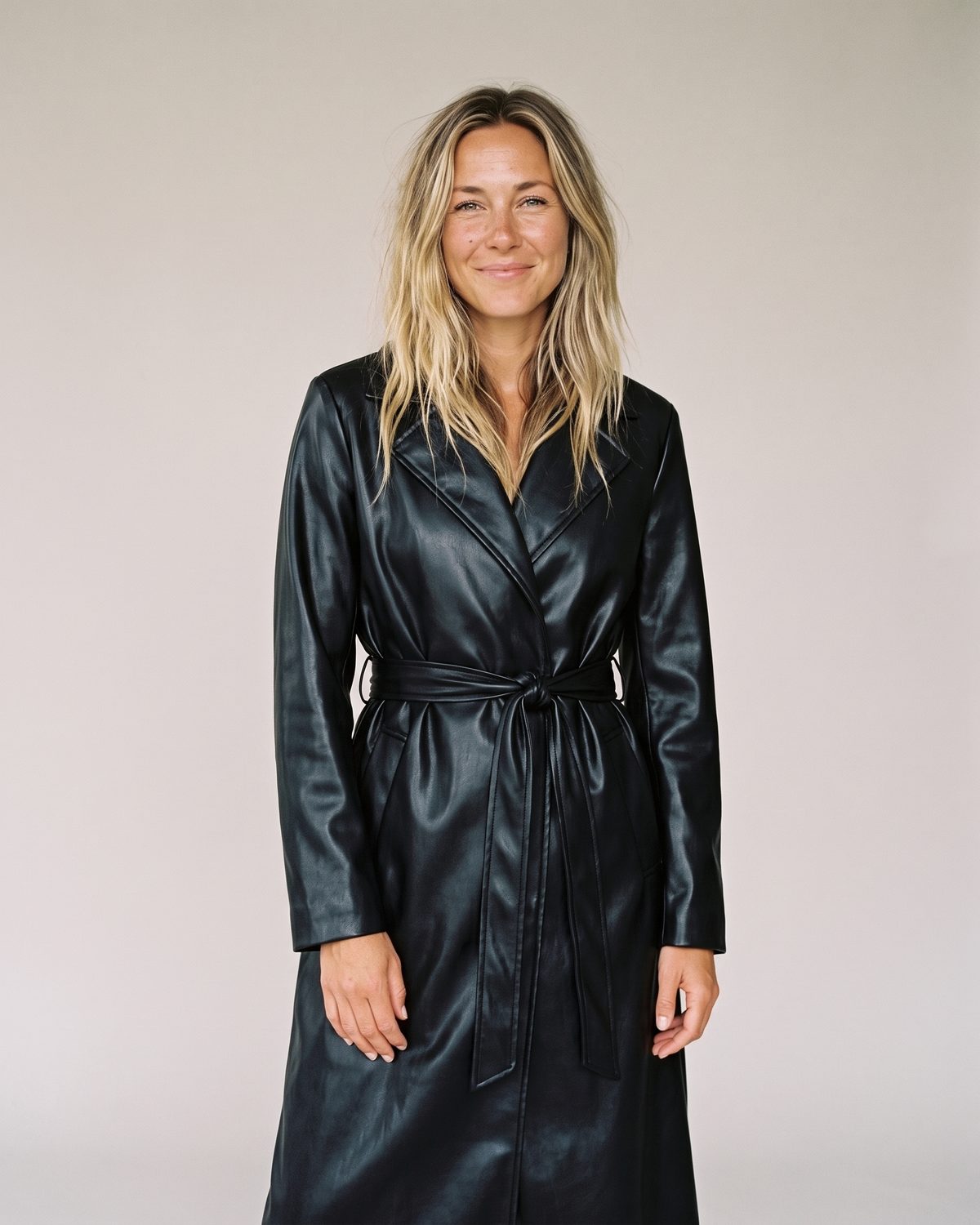 Trench Coat Simili Cuir Long Femme noir