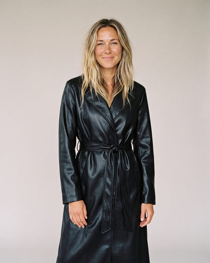 Trench Coat Simili Cuir Long Femme noir
