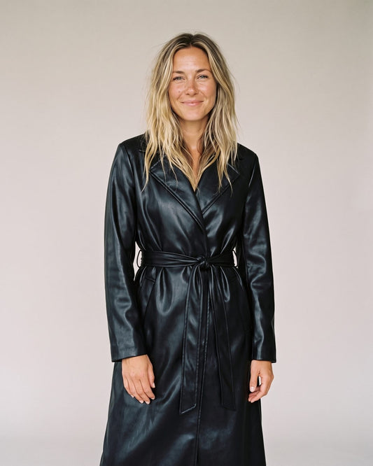 Trench Coat Simili Cuir Long Femme noir