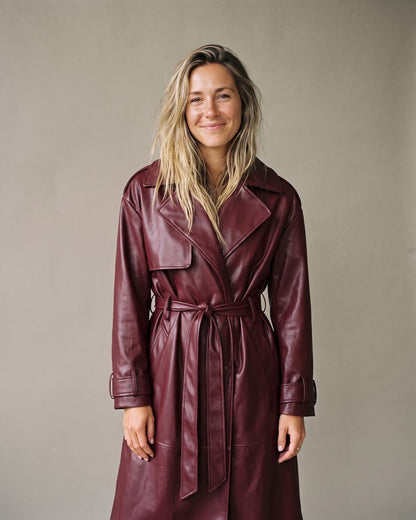 Trench Coat Simili Cuir Long Femme bordeaux