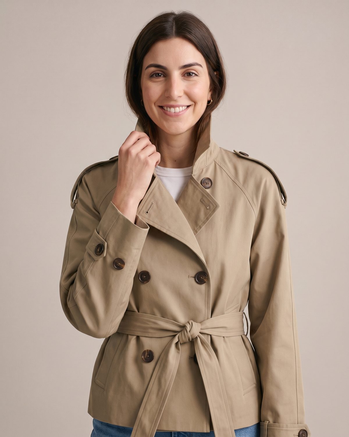 Trench court beige femme porté