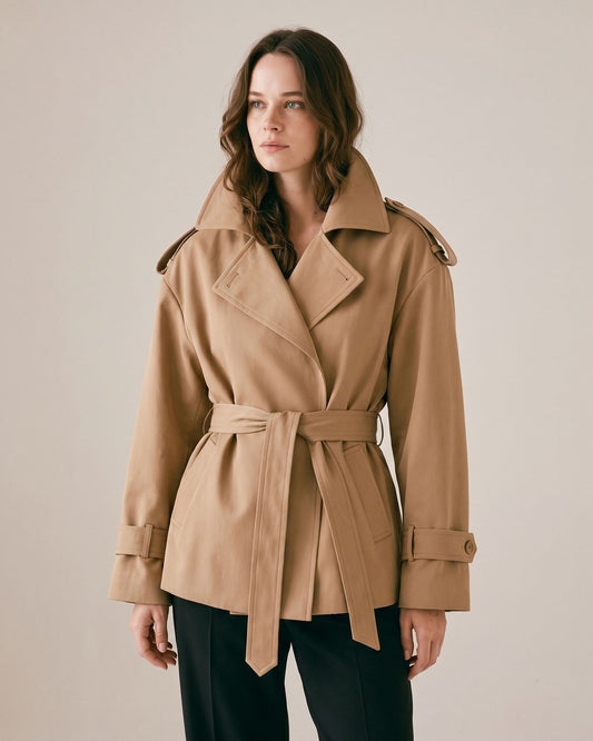 Trench court ceinturé camel femme — Profil