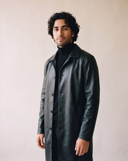 Trench cuir noir homme - détail col boutons