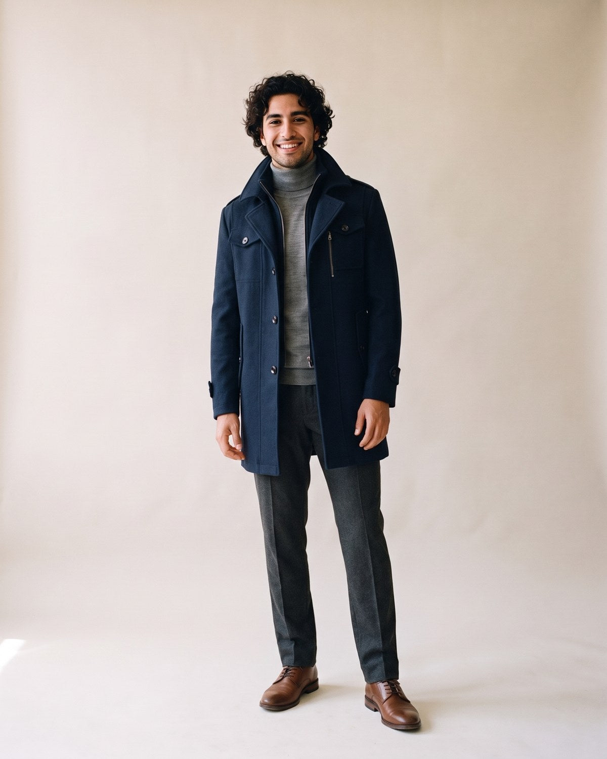 Trench laine marine homme col montant - face