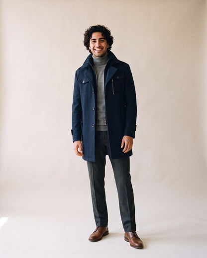 Trench laine marine homme col montant - face