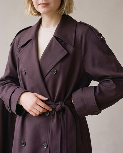 Trench long bordeaux prune femme détail ceinture