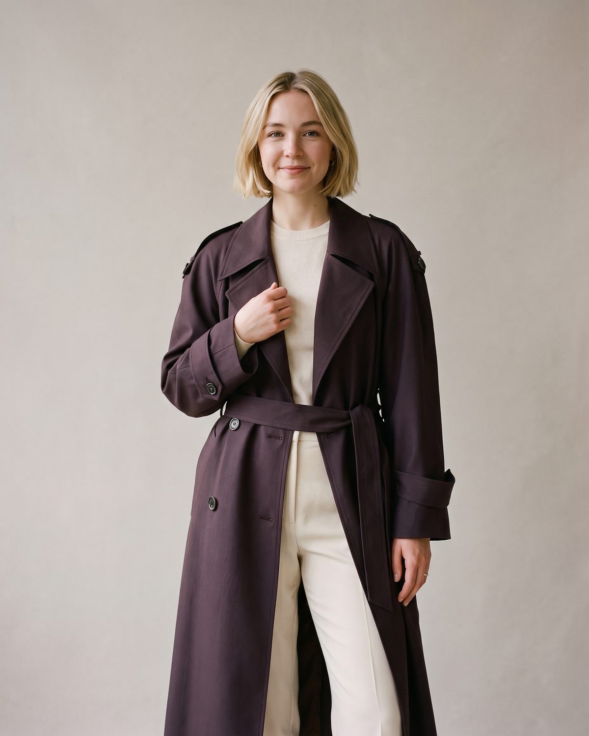 Trench long bordeaux prune femme porté