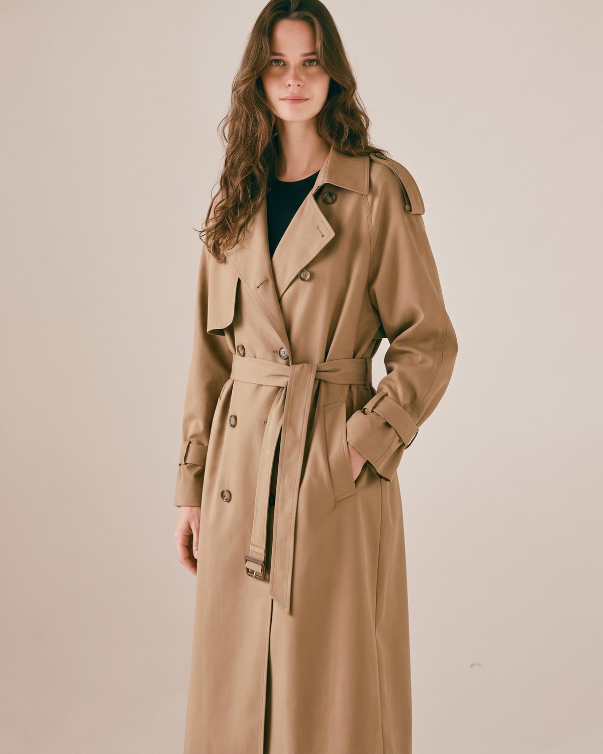 Trench long ceinturé camel femme — Profil