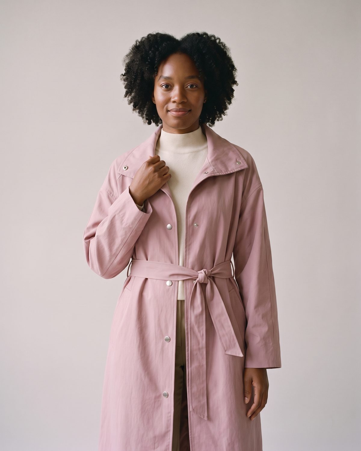 Trench rose poudré long femme porté