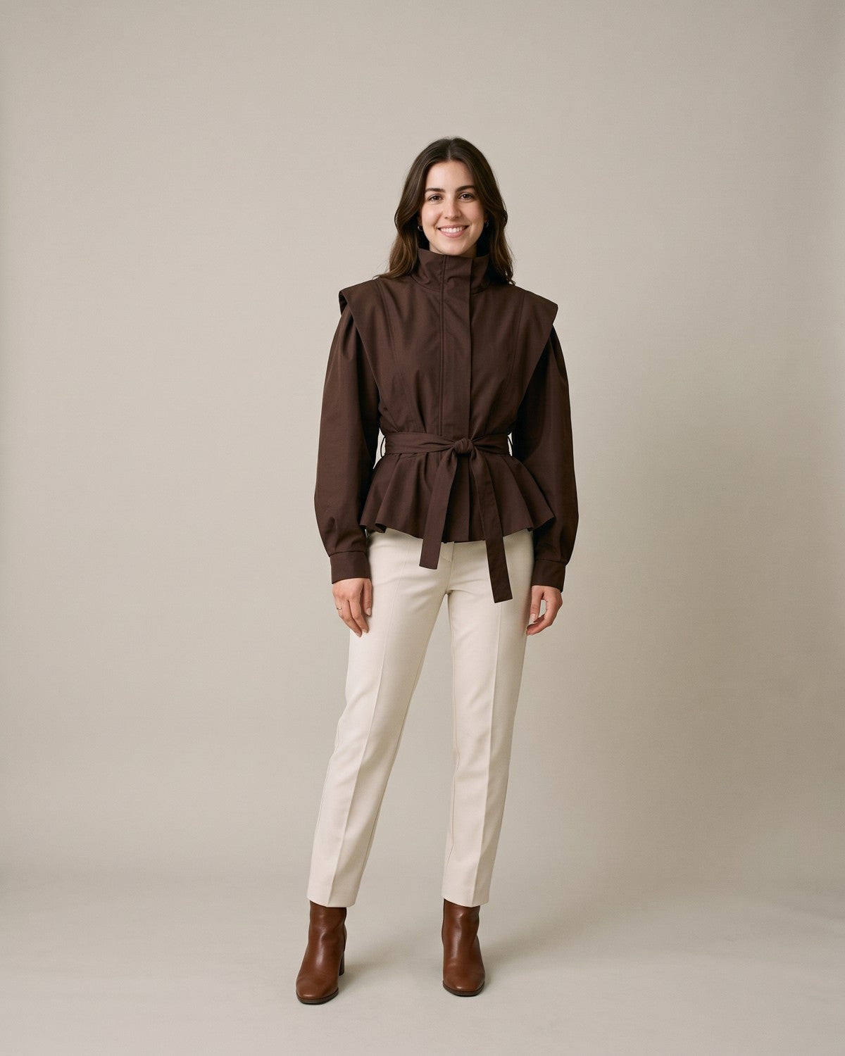 Veste ceinturée marron chocolat femme - face