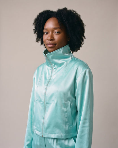 Veste satinée turquoise femme - détail